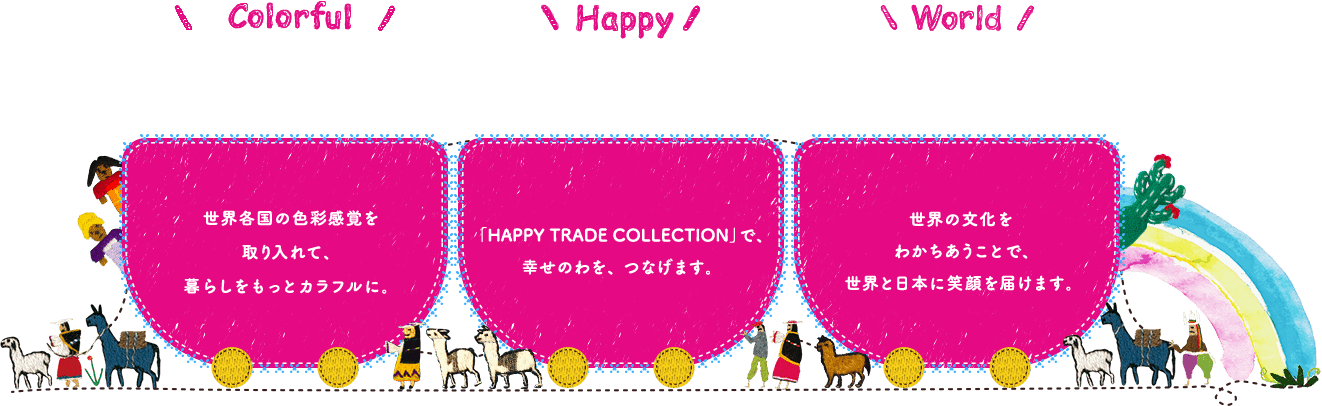 COLORFUL 世界各国の色彩感覚を取り入れて、暮らしをもっとカラフルに。HAPPY「HAPPY TRADE Collection」で、幸せのわを、つなげます。WORLD 世界の文化をわかちあうことで、 世界と日本に笑顔を届けます。